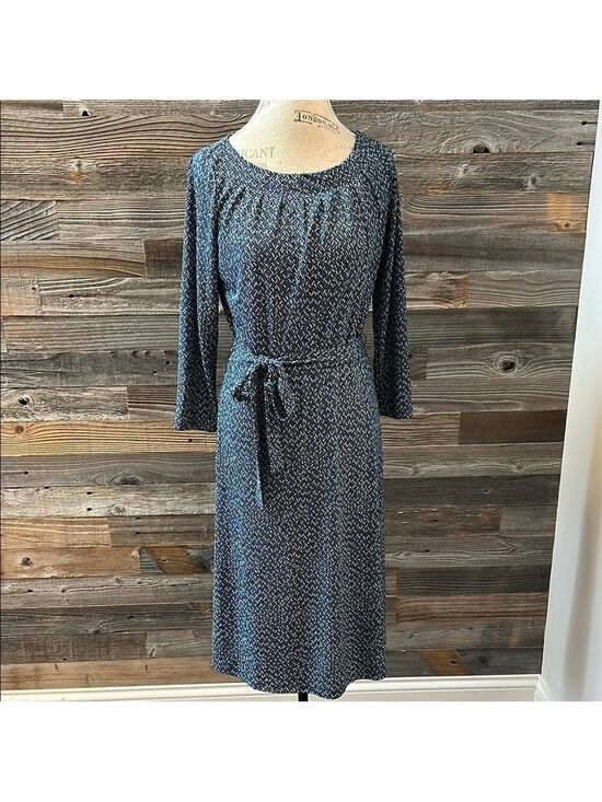 Lands' End Dresses & Skirts - Lands End Blue Patterned Midi Tie Waist 3/4 Length Sleeve Dress Size XS 2-4